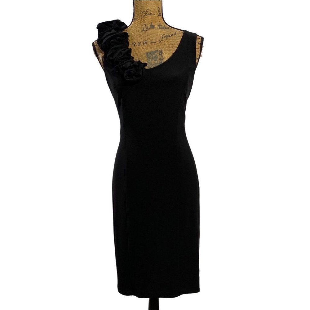 Frank Lyman Dress 6 Solid Black Asymmetric Rosette V Neck Polyester Party